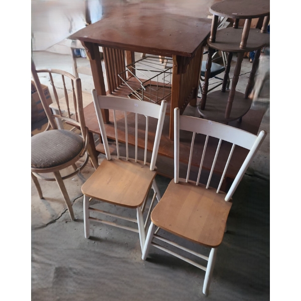 Coffee Table 50 W, 30 D, 20 T and End Table 28 W, 25 D, 23 T, Decor Shelf, Chairs, Magazine Holder