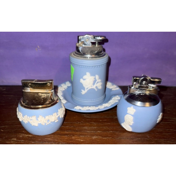 Wedgewood Blue Jasperware Table Lighters & Ashtray-Embossed  England Made