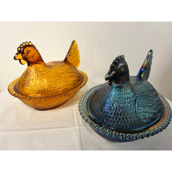  Vintage Indiana Glass Iridescent Carnival Blue Hen on Nest candy dish and vintage Indiana Glass