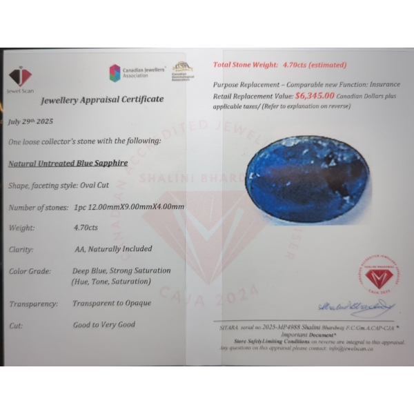  ($6,345 Appraisal) - 4.7 ct Certified Med Blue Sapphire gemstone