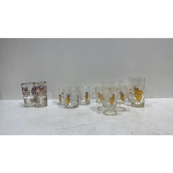 Set of Glassware with Gold Coloured Grape and Flower Designs