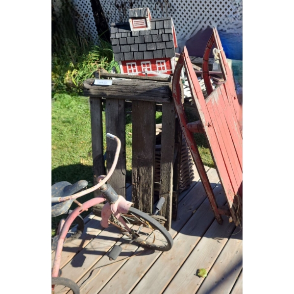 Vintage: Wooden Sleds, Tricycle, also incl Barn Wishing Well 47 h