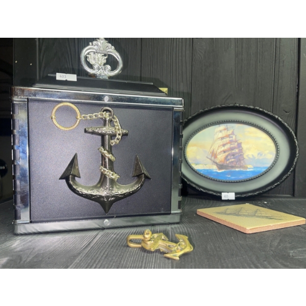 Nautical Barware & Decor - Decanter Set w/ Boat Wall Art 7x5