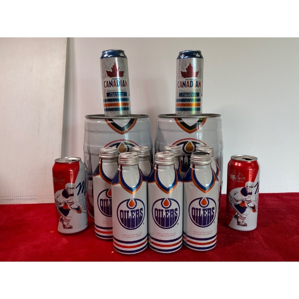 Oilers Molson Tallboy Cans and Mini Keg