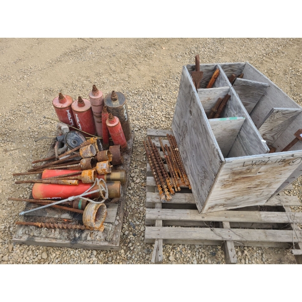 Pallet and Bin w/ Cement Tools (Jack Hammer Bits on Pallet 22" long)