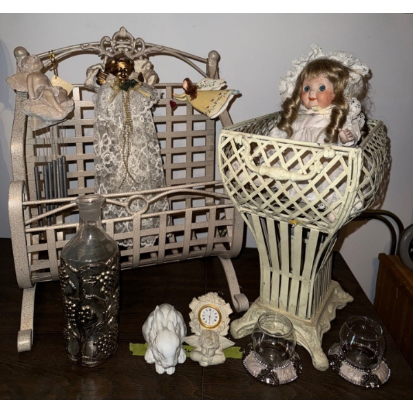 Decorative 70s Lattice Wrought Iron Handles Magazine Rack 12T w/ Assorted Dolls & More