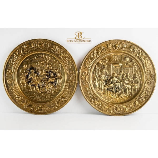 Vintage Embossed Brass Wall Plates Detailed Tavern Or Pub Scenes, The Mid-20th Century ENGLAND 14''