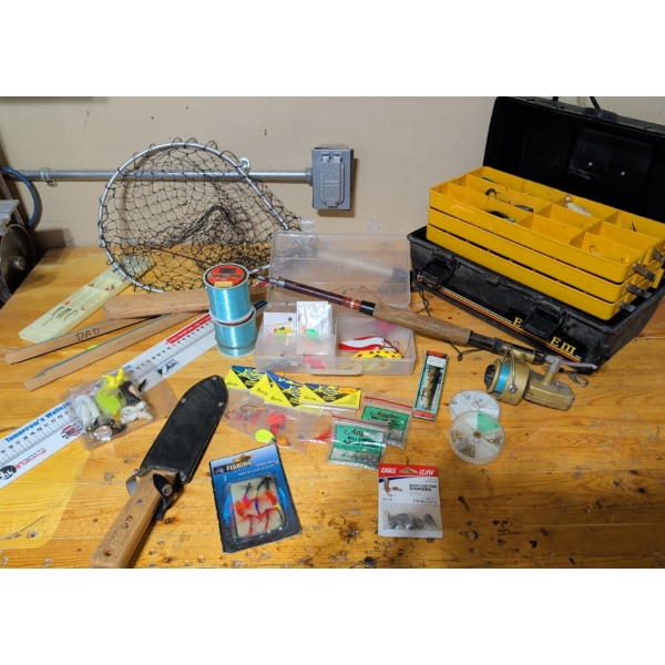 Fisherman's Must Haves -  Fat Tackle Box Loaded w/ Vintage Fishing Rod Hunting Knife & More