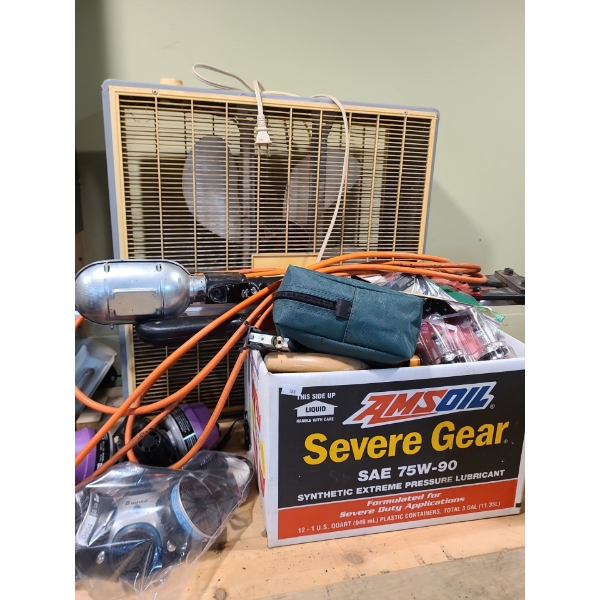 Assorted Garage Items (Box Fan, Clip Light, Box of Miscellaneous Items)