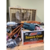 Image 1 : Assorted Garage Items (Box Fan, Clip Light, Box of Miscellaneous Items)