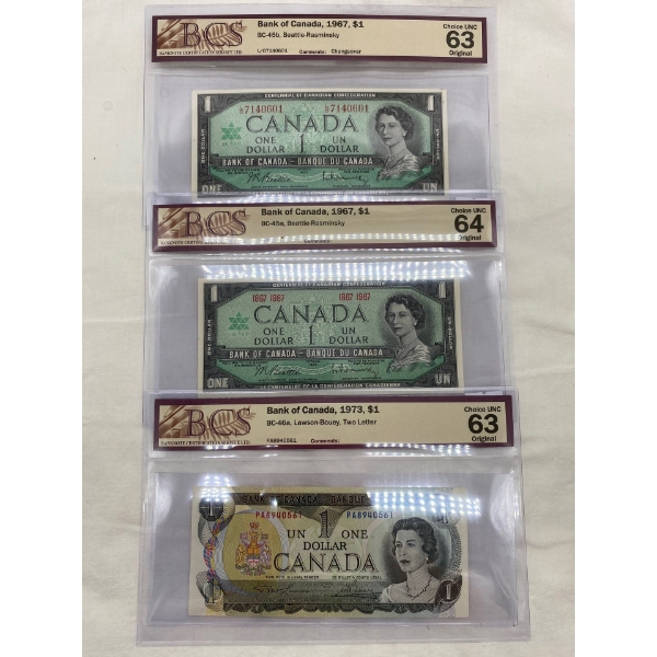 3 Graded Canadian $1 1967 and 1973 Choice UNC Prefix: L/O 1867 - 1967 PA