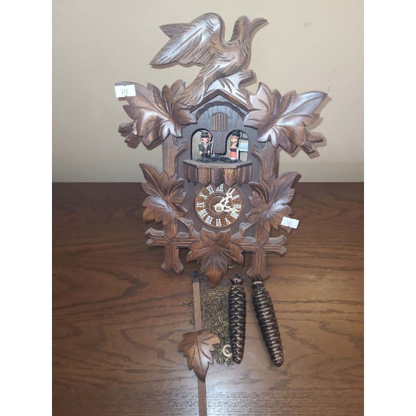 Wooden Cuckoo Clock 8 W, 6 D, 11 T (Box Dimensions, Hanging Weights Not Measured) w/ Moving Figures 