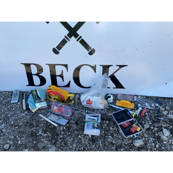 Lot: Sanding Supplies, Hand Tools, Bags, and Leisure Duffle