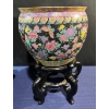 Image 1 : Large Chinese Jardiniere Canton Rose Decoration on Wood Stand 14Dx21H