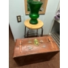 Image 2 :  vintage leather briefcase, small stool, green vase, and gizmo stuffy with mirror