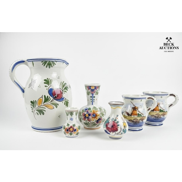 Delft Various Floral Bud Vases, And Cups Decorated With Traditional Scenes. 