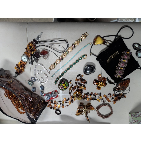 Jewelry Including Amber, Joan Rivers Bracelet, Heart Paperweight, and More