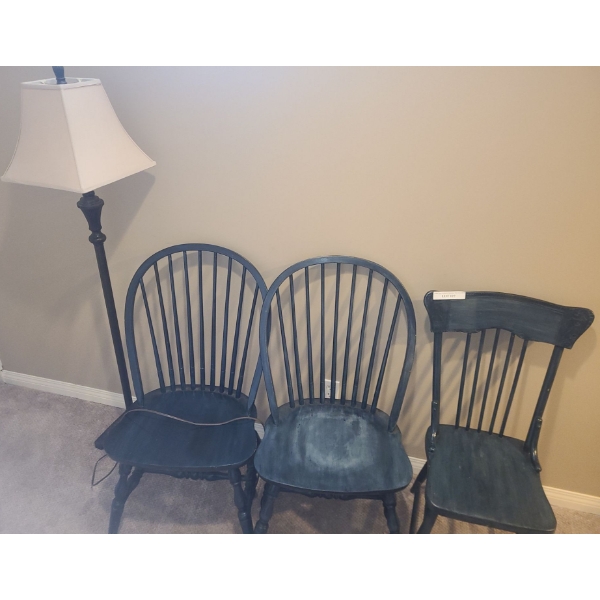 Three Wood Tel Colour Chairs and Floor Lamp