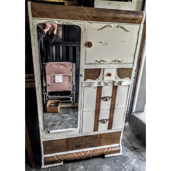 Wood Wardrobe with Mirror, Carved Accents and Cedar Interior