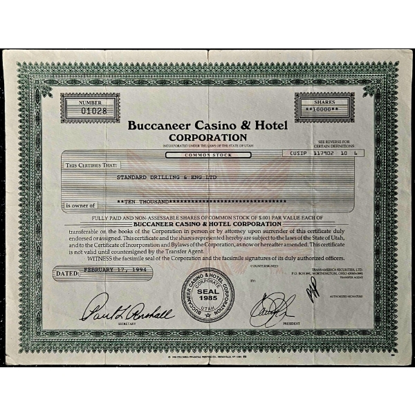 Vintage Stock Certificate (1994, Buccaneer Casino & Hotel Corporation)