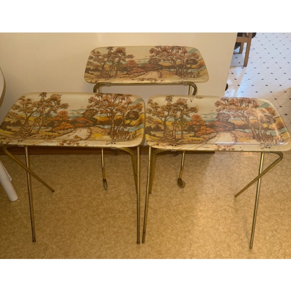 Vintage Set of Mid-Century Folding TV Tray Tables w/Landscape Design (4)