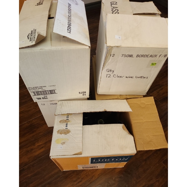 Several Boxes w/ Empty Wine Making Bottles 