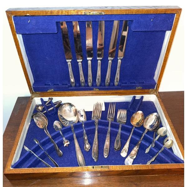 Wooden Flatware Chest with Silver-Plated Cutlery