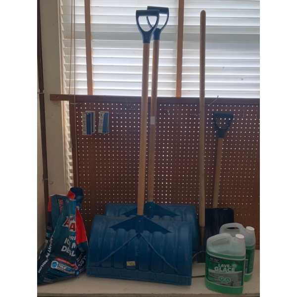 Snow shovels, de icer, ice pick and antifreeze