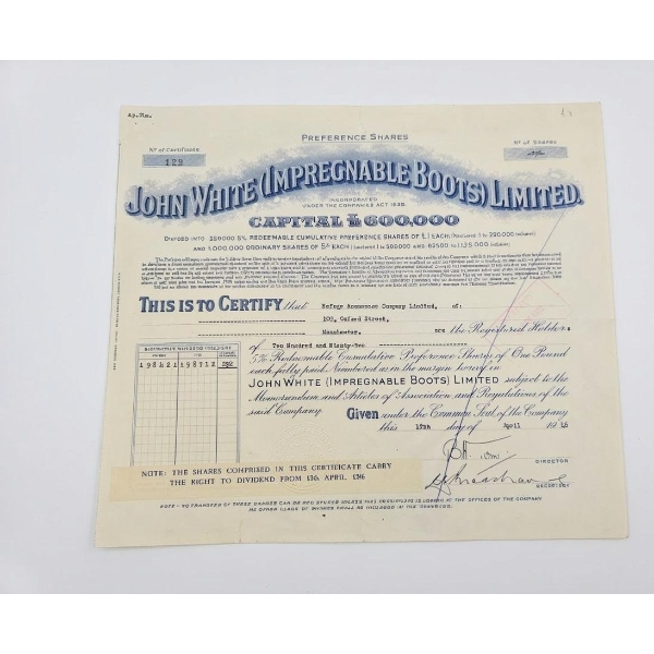 Vintage 5% Redeemable Cumulative Preference Share certificate For John White (Impregnable Boots) LMT