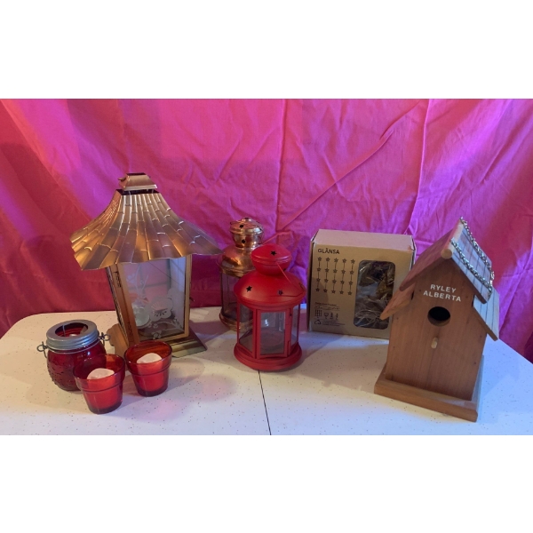 Decor Lot, Lanterns, Lights, and Birdhouse