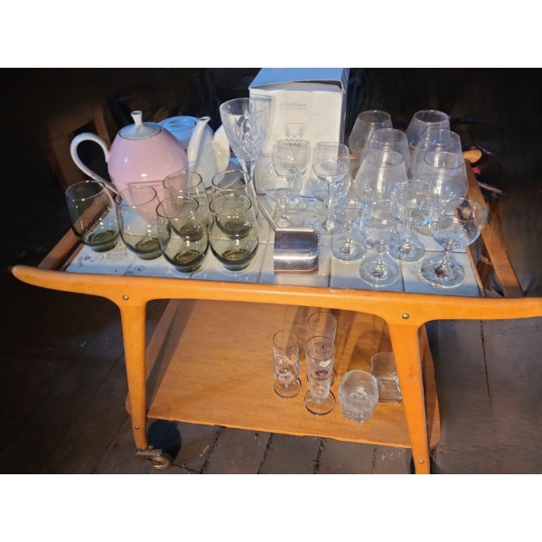- Wooden Bar Cart w/ Tile Surface 32 W, 19 D, 25 T, Barware: Including 4 Cortina Goblets in Box 