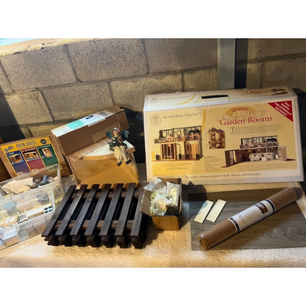  large collection of dollhouse furniture and a Lakeview garden room dollhouse made by the dollhouse 