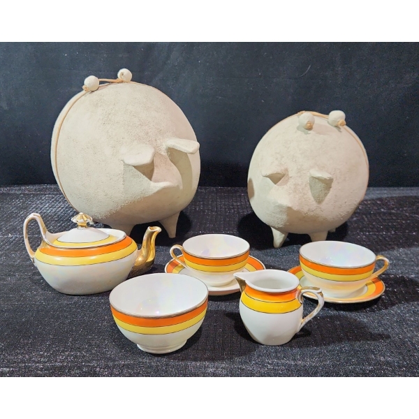 "The Collection Of Moon" Mexican Folk Art Pottery Pigs and Colourful Tea Set