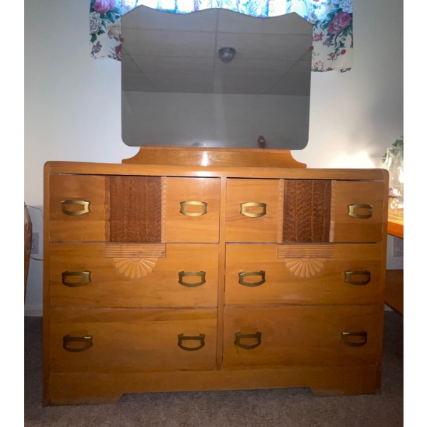 Mid Century Teak Double Wide Dressing Table w/ Mirror - Sea Shell Deco 46x17x63