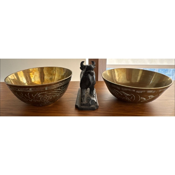 Chinese Singing Bowls w/ Iron Bull Book End Figure 5L