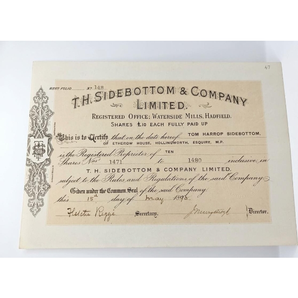 Collectible Vintage Share Certificate For T.H. Sidebottom & Company Limited, Dated May 15, 1898.