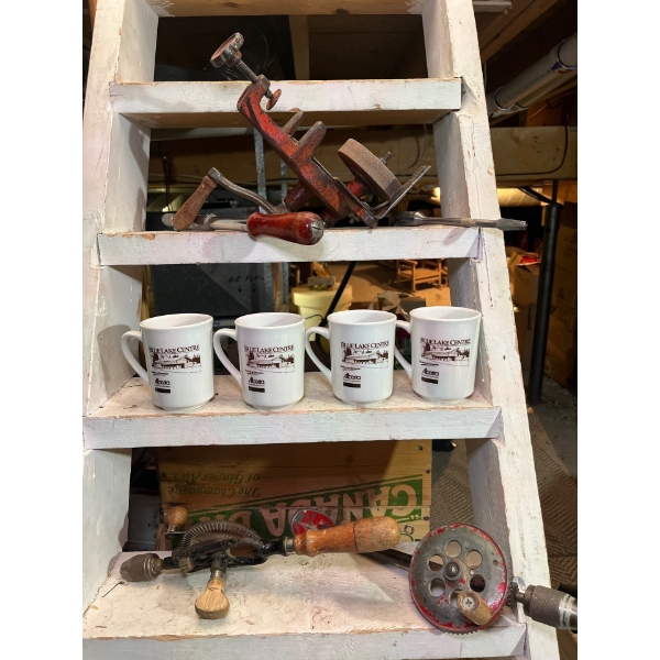 collection of 4 mugs from blue lake centre. And some antiques man tools. 