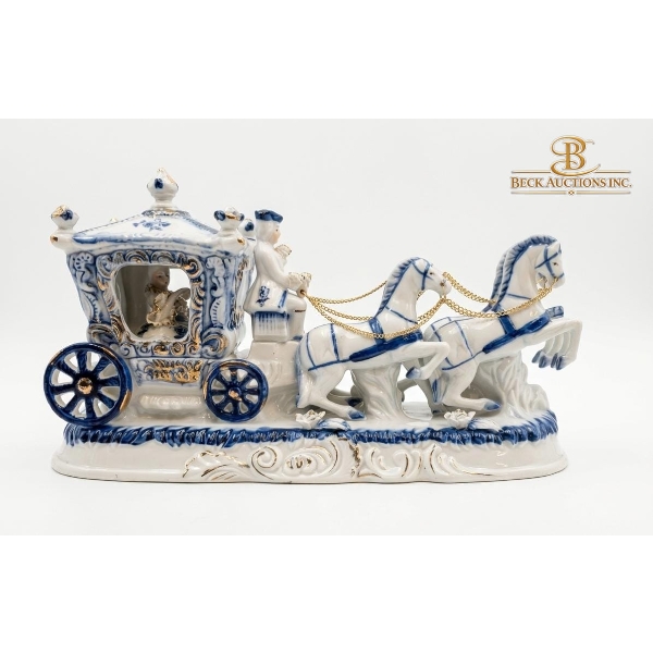 Porcelain Figurine Of Victorian Royal Carriage With Two Horses A Coachman & A Princess Figure Inside