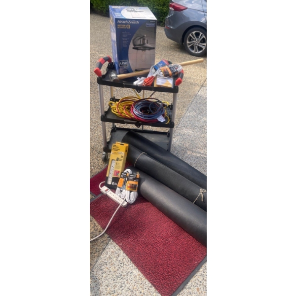 Garage Cart On Casters w/ New Power Bars / Extension Cords Outdoor Motion Light & More