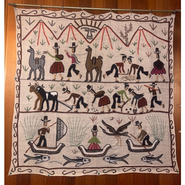 Hand-Embroidered Vintage Peruvian Wool Wall Story Hanging Ethnic Art Tapestry Llamas 26" x 26"tall