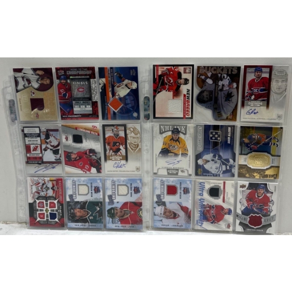 Two Binder Pages of Hockey Memorabilia Collector Cards