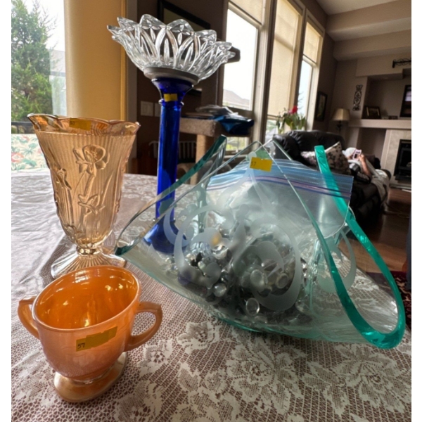 Set of Glassware Including Vases, Decorative Glassware with Marbles, and an Oven Fire King Ware 