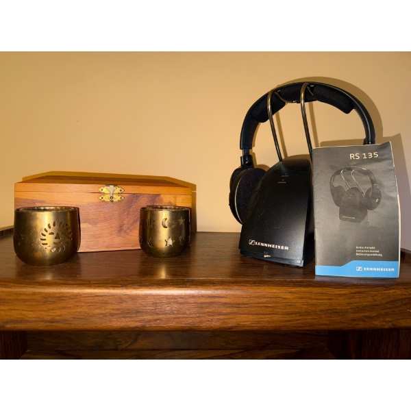 Sennheiser Portable Headphones w/Wood Trinket Box & Two Brass Candle Shapers