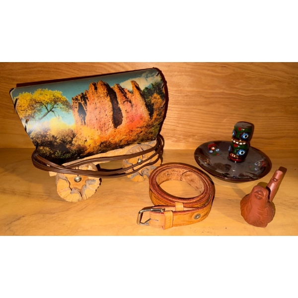 Vintage Wagon Lamp Terracotta Bird Calling Whistle Aztek Trinket Dish & leather Belt