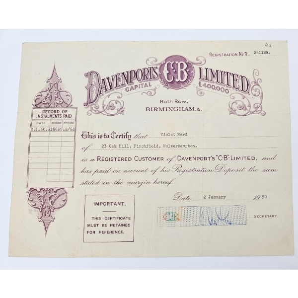Registration Certificate Issued To A Customer By Davenports "C-B" Limited in 1950 