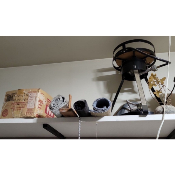 Overhead Shelf Contents - Propane Stove Gardening Tools & More