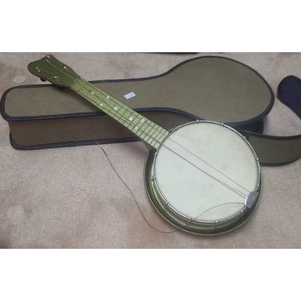 Green 4 String Banjo w/ Case (Broken String as Shown)