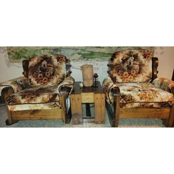 Retro Velvet Upholstered Accent Chair w/ Matching Rocking Chair & End Table
