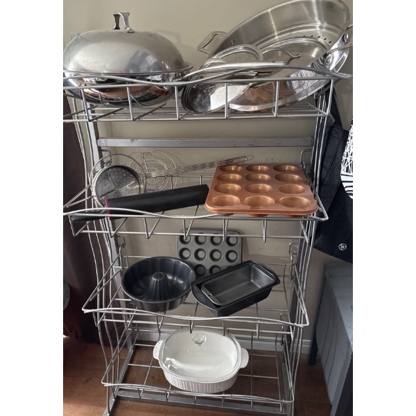 Metal Baker's Rack w/ Large Lidded Wok Baking Pans Casserole Dish & More
