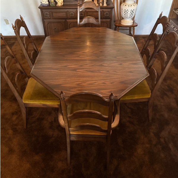 8 Piece Vintage Dark Oak Dining Set w/ Velvet Upholstery 53x44x30